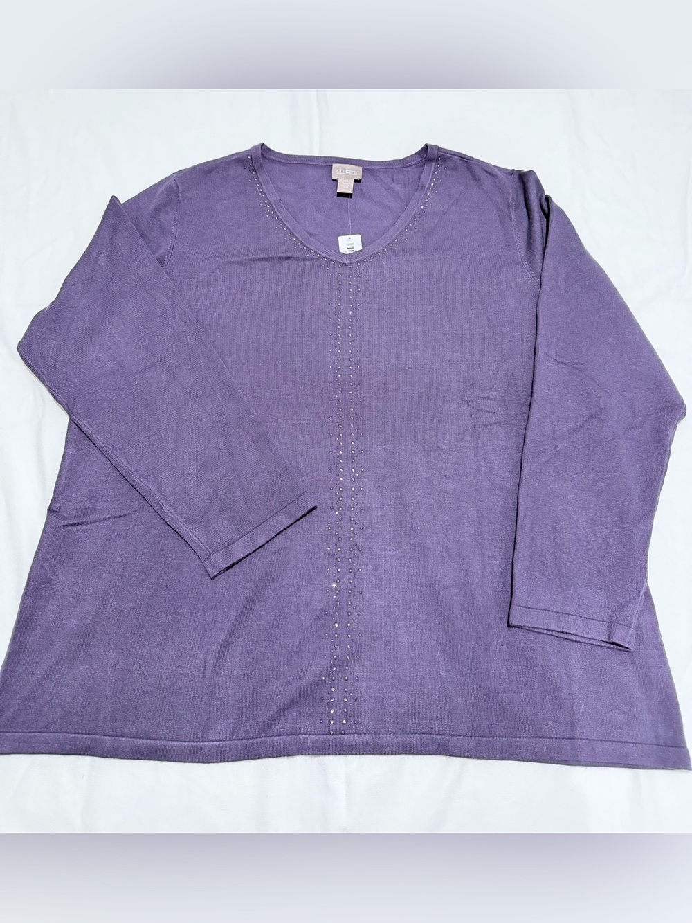 Chico’s Size 4 Purple Embellished V-Neck Long Sleeve Pullover Sweater Top NWT